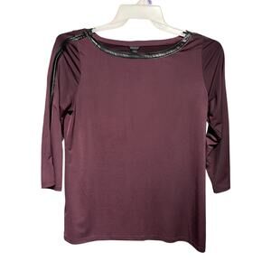 Ann Taylor Maroon Black pLeather Trim 3/4 Sleeve Stretch Top Sz M